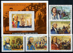 Чад, 200 лет США, 1976,  5 марок+блок